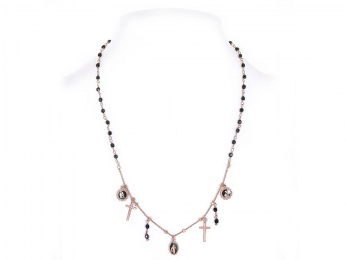 collana in argento rosa con pietre ematite e pendente madonna e croce